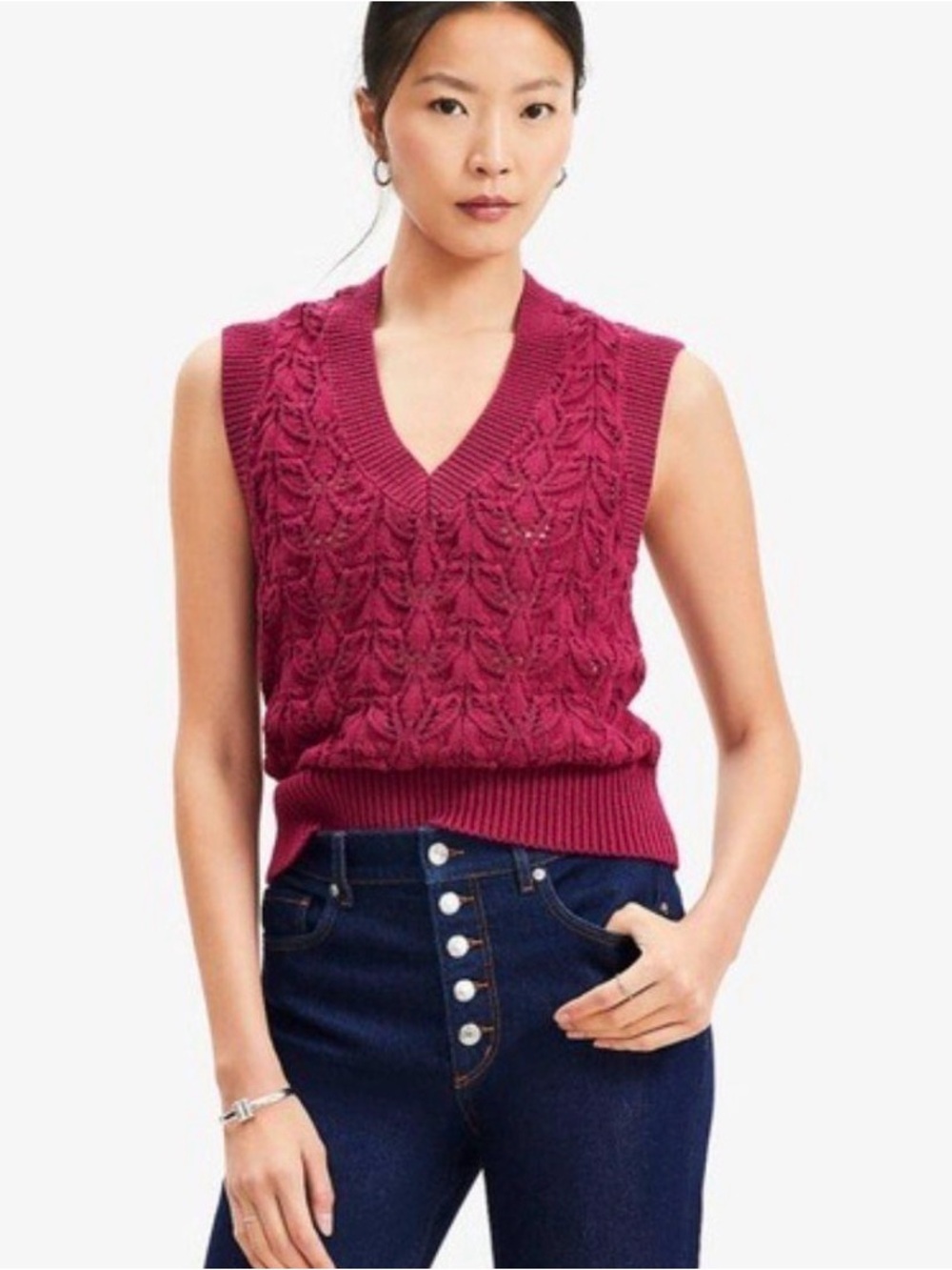 LOFT Pointelle Knit V-Neck Burgundy/Maroon Knit Sweater Vest Size Medium